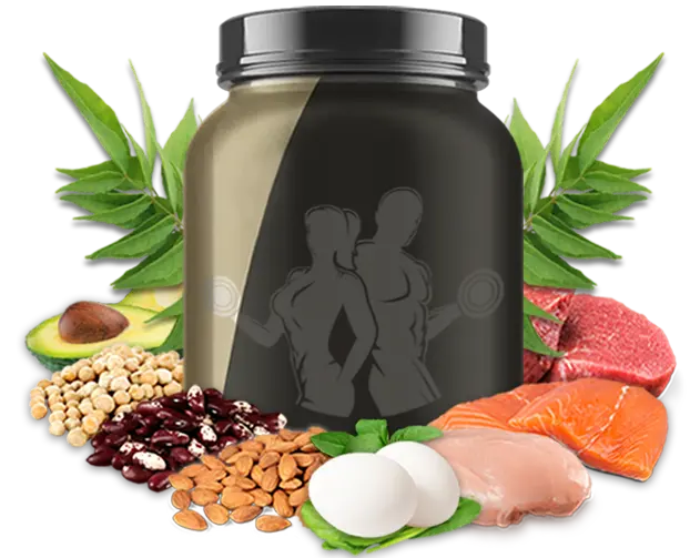Amino Acid Rich Foods with bottle of amino acid supplements in the middle